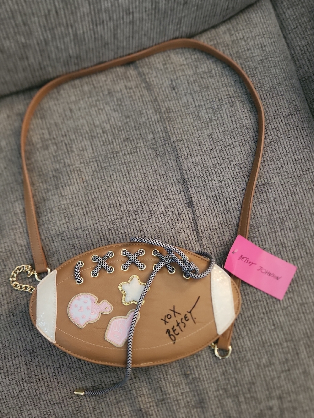 Betsey Johnson Tan and Pink Football Crossbody Purse
